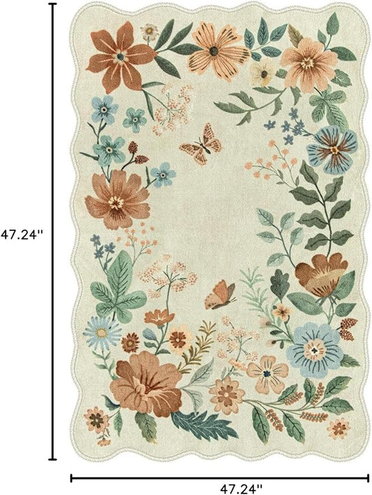 Lahome Floral Bedroom Rug,4x6 Washable Area Rugs for Living Room Dining Room, Non Slip Ultra-Thin Stain Resistant Boho Throw Carpet for Office (4x6ft,Beige)