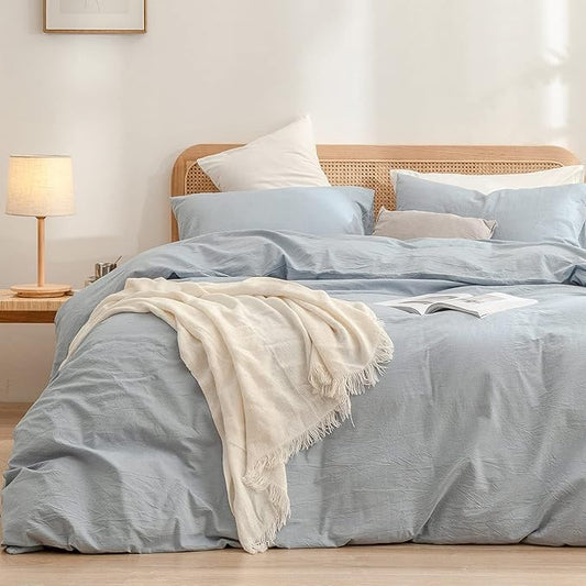 BESTOUCH Duvet Cover Set 100% Washed Cotton Linen Feel Super Soft Comfortable Chic Lightweight 3 PCs Home Bedding Set Solid Cornflower Blue Super Queen