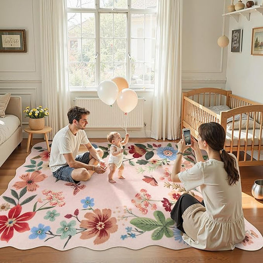 Lahome Floral Living Room Rugs, Pink Area Rugs 5x7 Rug for Bedroom Ultra-Thin Soft Non-Slip Washable Rugs Stain Resistant Throw Boho Carpet for Nursery Playroom Classroom, Light Pink