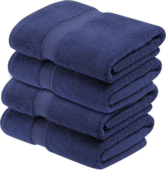 Superior Egyptian Cotton Pile Bath Towel Set of 4, Ultra Soft Luxury Towels, Thick Plush Essentials, Absorbent Heavyweight, Guest Bath, Hotel, Spa, Home Bathroom, Shower Basics, Navy Blue