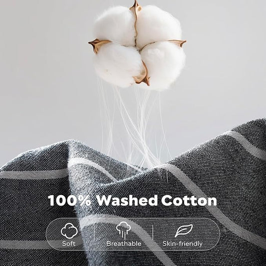 JELLYMONI Cotton Duvet Cover Queen Size - Gray Pinstriped Comforter Cover with Button 100% Washed Cotton 3PCS Breathable Soft Solid Bedding Set Duvet Cover 90×90in & 2 Pillowcases (NO Comforter)