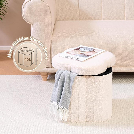B FSOBEIIALEO Storage Ottoman Cube, Flowers Shaped Ottomans with Storage Foot Stool Footrest, Boucle Ottoman Seat for Dorm Room, Faux Teddy Fur,White 15"x15"x15"