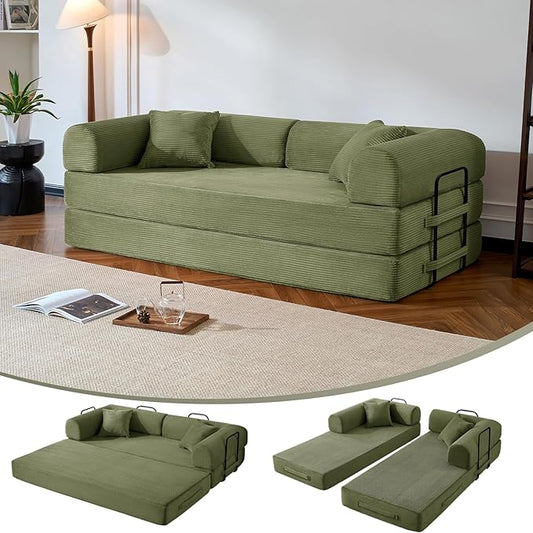 Compressed Sofa, Convertible Sofa Bed, Corduroy Compression Boneless Couch with Pillow, Comfy Modular Foldable Floor Sleeper Sofa for Bedroom, Living Room, Lounge, Studio (Green)