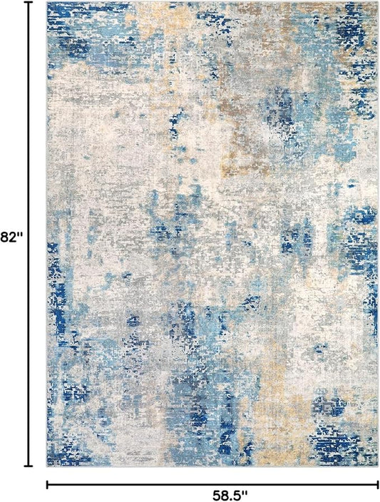 Lahome Modern Abstract Washable Area Rugs 5x7, Soft Living Room Rug Non Slip Stain Resistance, Faux Wool Floor Carpet for Bedroom Dining Room Nursery Kids Playroom,Blue/Grey