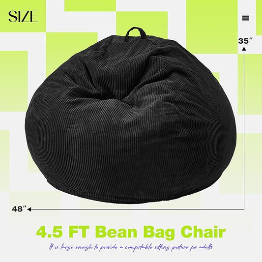 Hobestluk 4.5FT Bean Bag Chair Giant Bean Bag Chair with Filler Included Adult Bean Bag Chairs with Removable Cover for Bedroom Living Room - (Jumbo, Black)