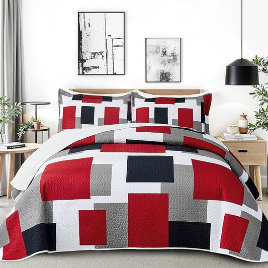 3 Piece Red Black Grey Quilt Set Full/Queen Size Christmas Red Geometric Reversible Bedding Set Microfiber Lightweight Bedspread Coverlet with 2 Shams Modern Bed Cover for All Season, 90''x96''