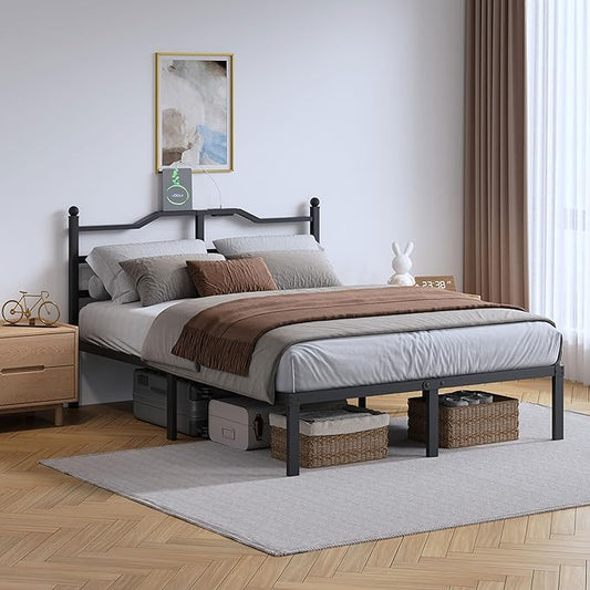14 Inch Metal Bed Frame - Full Size Heavy Duty Bedframe with Charging Station & Headboard Basic Steel Slats Platform No Box Spring Needed/Easy Assembly/Noise Free