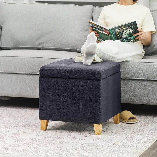Adeco Fabric Storage Ottoman Bench with Solid Wood Legs, 17.7" Square Dark Grey Cotton Linen Cube Foot Stool, Upholstered Button Tufted Vanity Chair with Hinged Lid for Living Room, Bedroom, Dorm