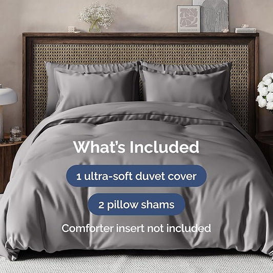 Duvet Cover Queen Size Set - Extra Soft Queen Size Duvet Cover 90 x 90 with 2 Pillow Shams - Hotel Luxury Easy Care and Fade Free w/Zipper Closures & Ties - Comfy Breathable Bedding Set (Dark Grey)