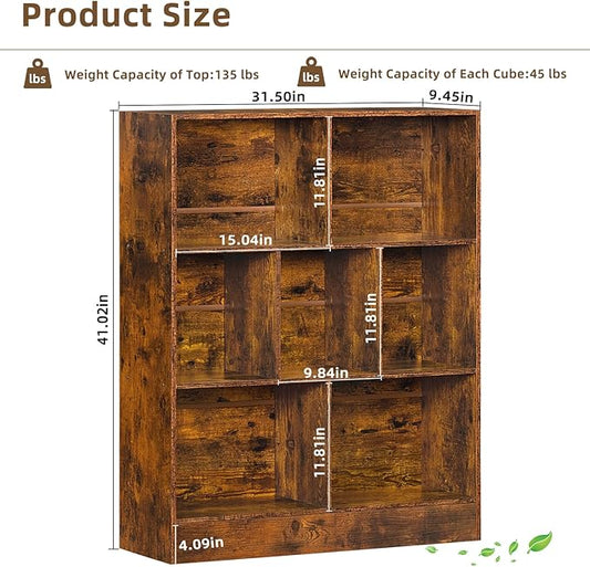 LEYAOYAO 7 Cube Bookshelf with Wood Base, Brown 3 Tier Mid-Century Modern Bookcase,Standing Wide Bookshelves Storage Organizer Shelf,Rustic Display Cabinet Book Shelves for Bedroom,Living Room,Office