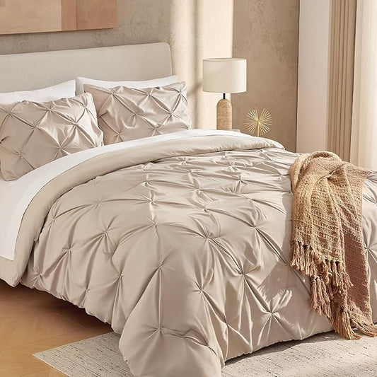 Andency Wheat Comforter Twin(66x90Inch), 2 Pieces(1 Pintuck Comforter, 1 Pillowcase) Microfiber Pinch Pleat Comforter Set Twin Size, Lightweight and Soft All Season Bedding Comforter Sets