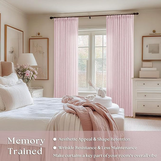 Light Pink Pinch Pleated Linen Cafe Curtains 45 Inch Length 2 Panels for Dining Room Kitchen Bedroom Semi Sheer Pleat Drapes with Hooks Rings Light Filtering Short Window Curtain Cabinet 40x45