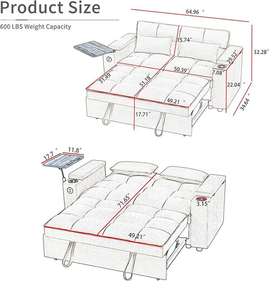 66" Multi-Functional Pull-Out Sofa Bed with Hidden Side Table, Storage Armrests, Built-in Charging Port, Spring Mattress, Solid Wood Frame – Ideal for Small Spaces, Easy Assembly