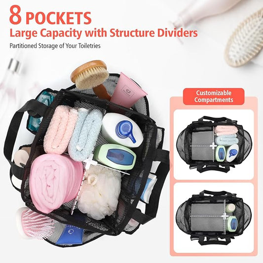 F-color Mesh Shower Caddy Portable with Dividers - Upgrade Deeper 7 Pockets Dorm Room Essentials with S Hook, Shower Bag Basket Tote for Guys Girls College Camping Toiletry Bathroom, Black