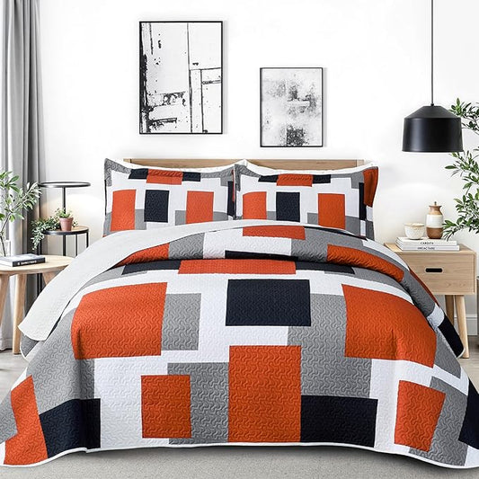 3 Piece Orange Grey Quilt Set Full/Queen Size Black White Gray Geometric Reversible Bedding Set Microfiber Lightweight Bedspread Coverlet with 2 Shams Modern Bed Covers for All Season, 90''x96''