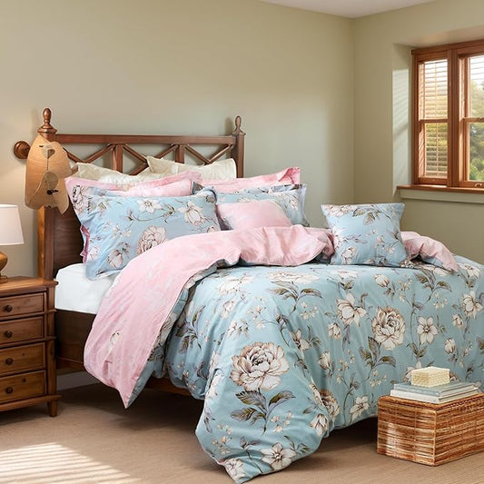 FADFAY Shabby Floral Duvet Cover Set Farmhouse Bedding Blue Cotton Summer Bedding with Hidden Zipper Closure 3 Pieces, 1duvet Cover & 2pillowcases (Full Size, Simple Style)