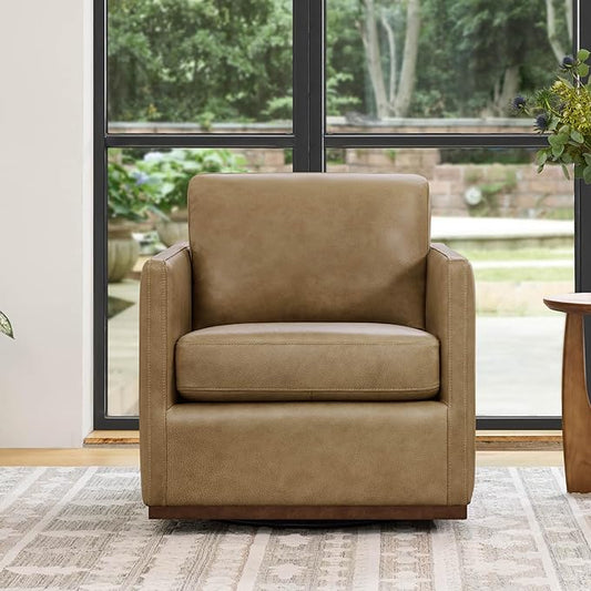 CHITA Genuine Leather Swivel Accent Chair, FSC Certified Mid Century Modern Arm Chair for Living Room and Bedroom, Fully Assembled, Mocha