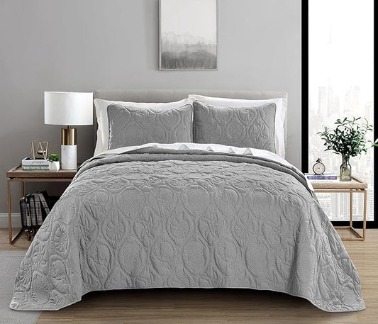 Pure Bedding Quilt Set Full/Queen Size Light Grey - Oversized Bedspread, Soft Microfiber Coverlet for All Season - Includes 1 Quilt and 2 Shams, Ocean Star Pattern