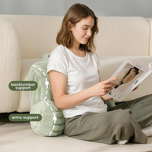 Amélie Home Faux Fur Reading Pillow with Pocket for Sitting in Bed, Kids Backrest Bed Pillow with Washable Cover for Lounging, Study & Relaxing, Sage Green 17 inches