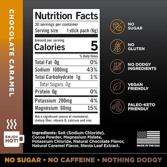 LMNT Zero Sugar Hot Chocolate or Coffee Mixer - Chocolate Caramel Salt | Drink Mix | 30-Count