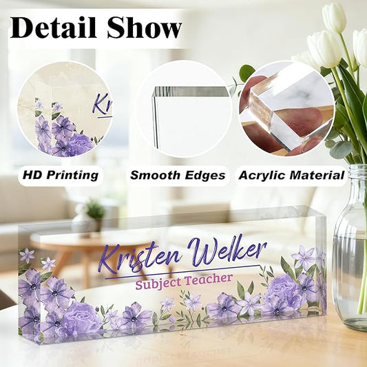 Ship Next Day-Custom Name Plate for Desk, Desk Name Plate Personalized, Acrylic Office Desk Accessories, Appreciation Gifts for Coworkers EmployeeTeachers Boss Women Men (Purple Flowers)
