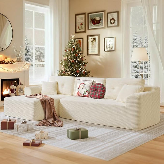 VASAGLE 108.3 Inches Boneless Couch with Chaise, Modular Sectional Sofa, Modern Cloud Couch with Deep Seat, L-Shape Corduroy Sofa for Living Room, Left-Facing Chaise, Bedroom, Cream White ULCS181WD01