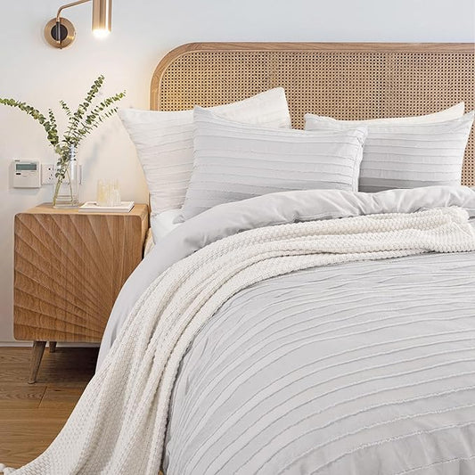 NEXHOME PRO California King Duvet Cover, Light Grey 3 Pieces Boho Tufted Duvet Cover Set, Soft and Lightweight Microfiber Comforter Cover Set (Light Grey Cal King, 104 x 98)-No Comforter