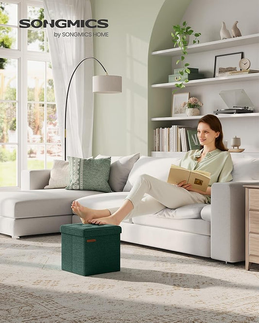 SONGMICS Foldable Small Ottoman Foot Rest, 11.8 Inches Foot Stool, Cube Ottoman with Storage, Load up to 286 lb, Retro Green ULSF028C01