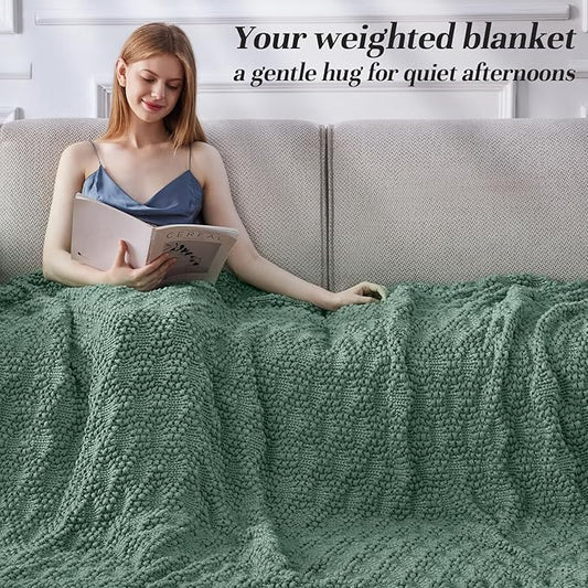 Knitted Weighted Blanket for Adult, Chunky Knit Weighted Throw for Sleep 60"*80" 17lbs, Cooling Breathable Machine Washable Heavy Blanket for Room Decor (HazeGreen, Queen)