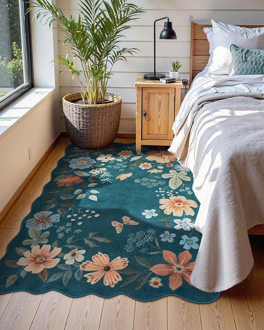 Lahome Floral Machine Washable Rug, 3x5 Rug Non Slip Soft Bedroom Rugs for Entryway Dorm, Ultra-Thin Boho Rugs for Living Room Stain Resistan Throw Carpet for Nursery Entrance, Navy Blue