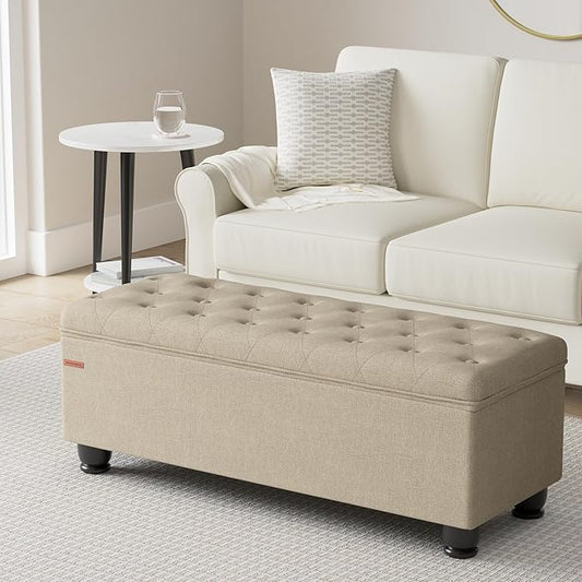SONGMICS Storage Ottoman, Storage Bench, Tufted Entryway Bedroom Bench, 17.7 x 46.5 x 17.7 Inches, Hinges Easy Lid Operation, Wooden Legs, Linen-Look Cover, Loads 330 lb, Camel Brown ULOM070K01