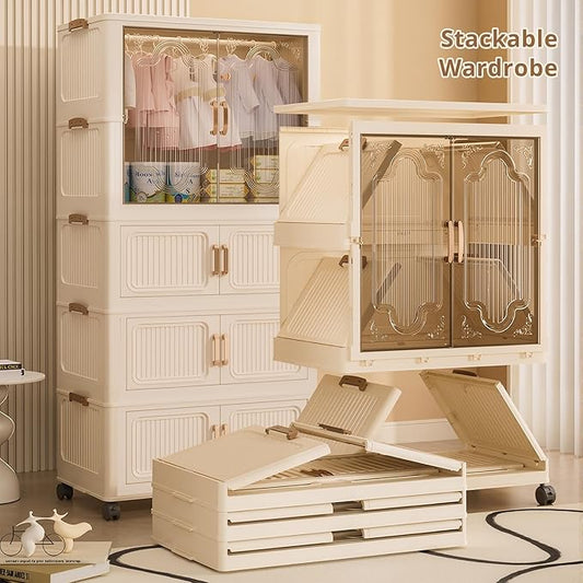 Collapsible Foldable Stackable Storage Bins with Lids on Wheels, Heavy Duty Large Plastic Wardrobe Closet Organizer Cube, Rolling Clothes Storage Container for Sweaters Blankets, Two Clear Cabinet