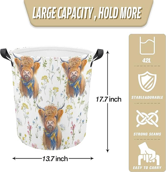 Highland Cow Laundry Basket Flower Foldable Oxford Cloth Funny Tote Bag Laundry Hamper Clothes Storage Bucket Organizer For Bathroom/Laundry Storage/Bedroom Storage Basket 17.7x13.7