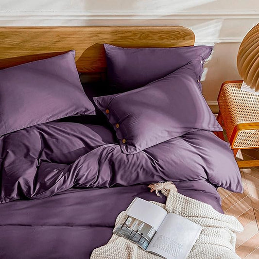 JELLYMONI Cotton Duvet Cover Full Size - Purple Comforter Cover with Button 100% Washed Cotton 3PCS Breathable Soft Solid Bedding Set Duvet Cover 80×90in & 2 Pillowcases (NO Comforter)