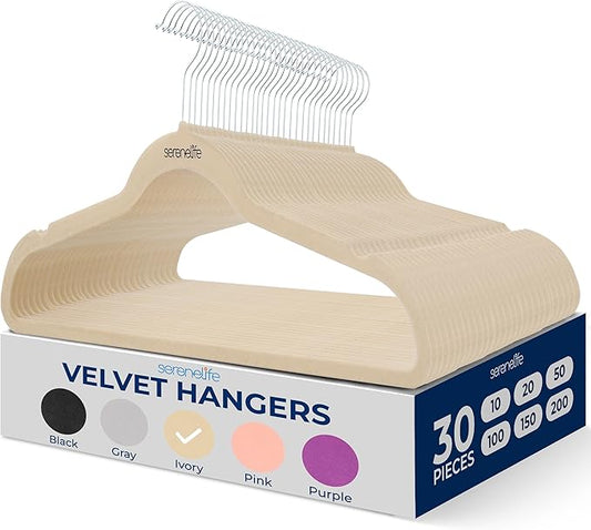 SereneLife 30 Pack Velvet Hangers – Non-Slip Clothes Hangers with Heavy Duty Design, Slim Space-Saving Coat Hangers with 360° Swivel Hook, Strong Lightweight Closet Organizer Set for Clothes (Ivory)