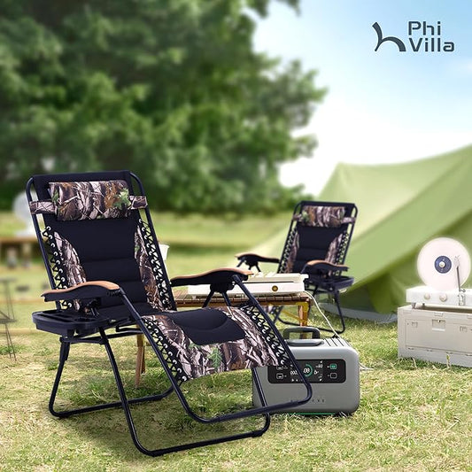 PHI VILLA XXL Oversized Padded Zero Gravity Chair Set of 2, Foldable Patio Recliner, 30" Wide Seat Anti Gravity Lounger with Armrest and Cup Holder, Support 400 LBS (Camouflage)