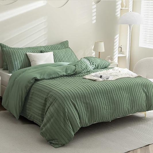 JELLYMONI Duvet Cover Super Queen Size Green - 3PCS Boho Striped Duvet Cover Set Polyester Tufted Bohemian Textured Comforter Cover 98×90in with Corner Ties & Zipper and 2 Pillowcases