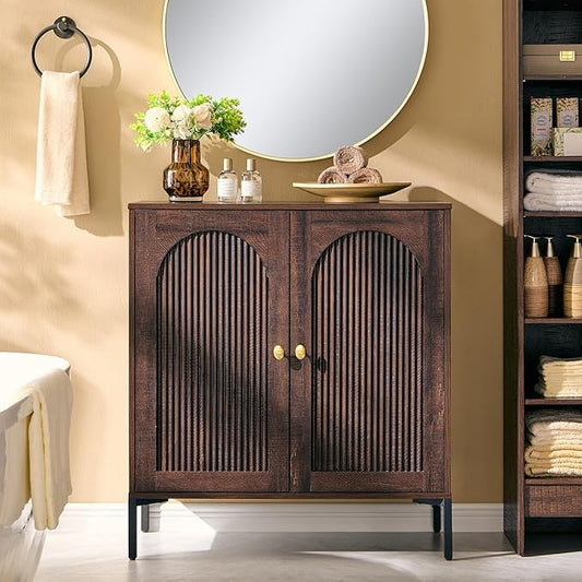 Bathroom Cabinet with Storage, 34" Tall Fluted Arched Free Standing Floor Cabinet w/Adjustable Shelves, Modern Sideboard Cabinet for Bathroom, Kitchen, Living Room, Entryway, Brown