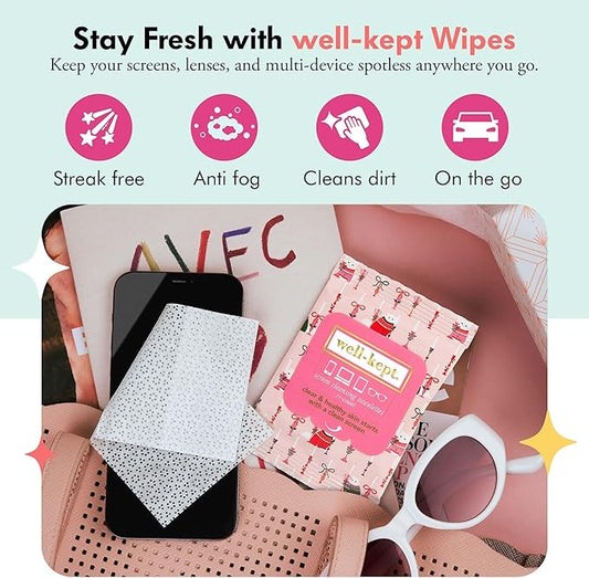 Well-Kept Tech & Lens Wipes - Eyeglass, Screen & Phone Cleaning, Multi-Surface, Lint-Free, Pre Moistened, Streak-Free & Non Scratching - Choupette, 12 Pack (180 Count)