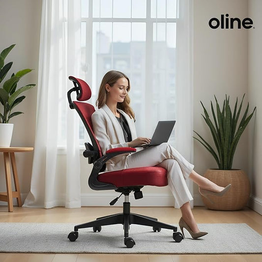 Oline ErgoAir Ergonomic Office Chair โ Adjustable Lumbar Support, Flip-Up Armrests, Mesh Computer Desk Chair, Swivel Rolling Executive Gaming Chair for Home & Office (Red)