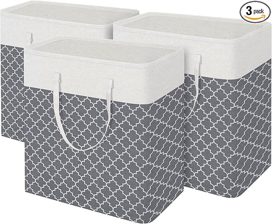 BlissTotes 3-Pack Laundry Basket, Freestanding&Waterproof Laundry Hamper, Collapsible Tall Clothes Hamper with Easy Carry Handles for Clothes, Towels in the Family and Dorm,Clover Grey,100L