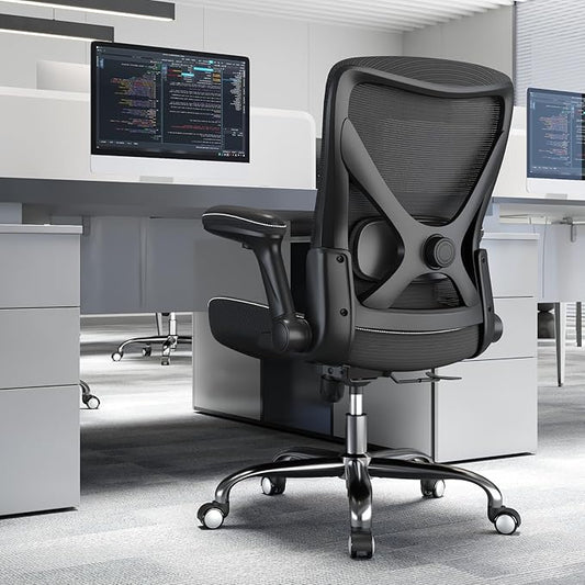 Office Home Ergonomic Desk Chair-Computer X-Shaped Chair Mesh PU Leather with Adjustable Lumbar Support-Executive Chair High Back Flip-Up Arms for Long Hours (Black-No Headrest)