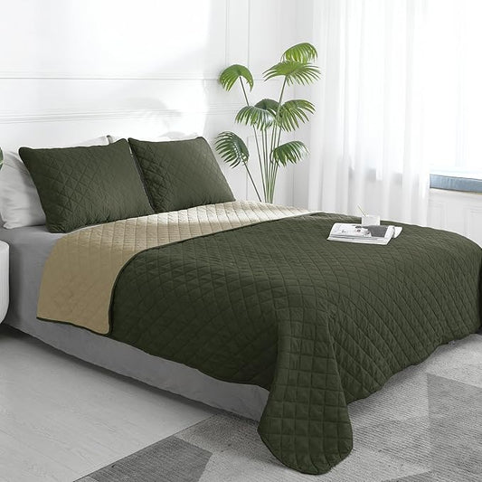 Easy-Going Queen Plus Size Reversible Quilt Set with 1 Quilt and 2 Pillow Shams, Soft Bed Quilt Cover, Water Resistant Lightweight Microfiber Bedspread, Stain Resistant, Army Green/Beige