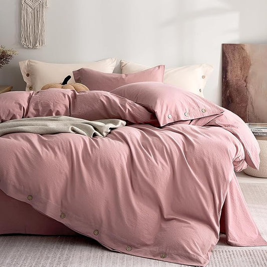 JELLYMONI 100% Washed Cotton Duvet Cover Twin – Soft, Breathable Linen-Look Bedding with Natural Wrinkle Texture, Button Closure, 3-Piece Set (Darker Rose, 68"x90")