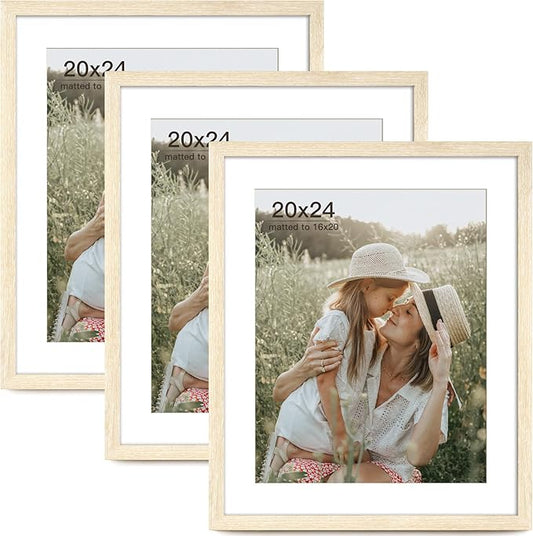 20x24 Picture Frame with Mat for 16x20 Set of 3, Natural Wood Grain 20x24 Frame for Wall Mounting (3 Pack, Natural)