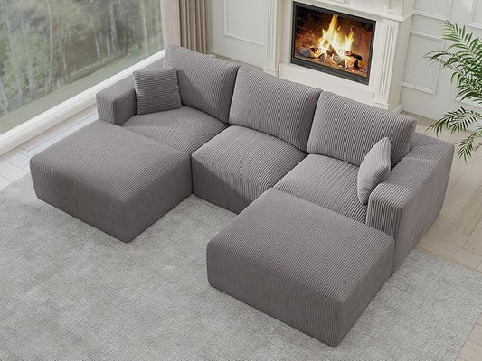 Modular Sectional Sleeper Sofa Couches for Living Room - Modern 110" U-Shaped Boneless Cloud Couch - Easy Assembly, Grey Cozy Corduroy Convertible Full Sponge Compression Sofas for House, Apartment