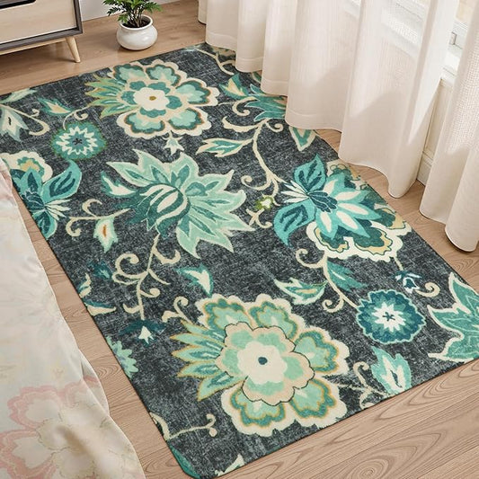 Lahome Floral Living Room Rug - 3x5 Area Rugs for Bedroom Machine Washable Non-Slip Throw Kitchen Entryway Rug Soft Paisley Print Distressed Floor Capet for Office Laundry Room Dining Room Bathroom