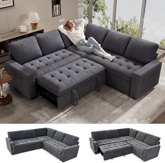 WEUP 5 Seat L Shaped Sectional Sleeper Sofa Bed with Pull Out Bed, Chenille Sectional Sleeper Couch with Adjustable Backrest, USB Ports & Storage Seat, Tool-Free Assembly, Chenille Dark Grey