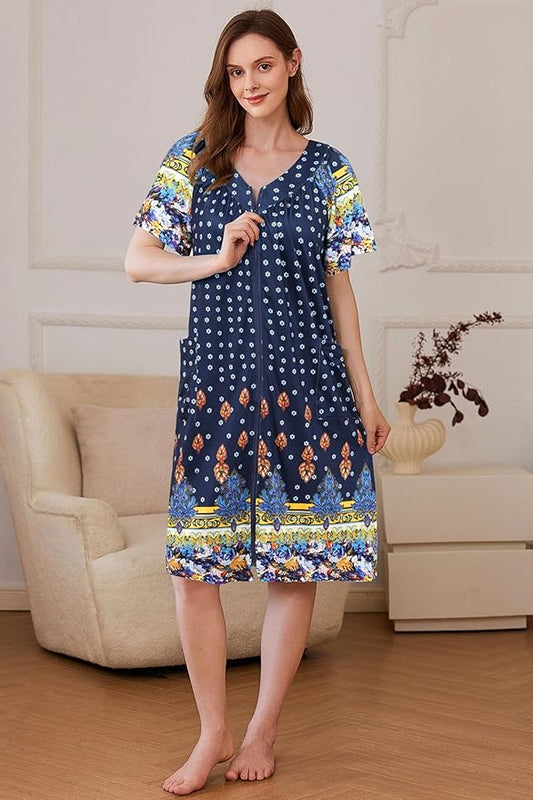 Ekouaer Women Robe Zipper Front Mumu Duster Robes Zip Up Housecoat Soft Sleepwear with Pockets