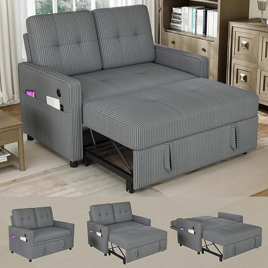 3 in 1 Convertible Sleeper Sofa Bed, Pull Out Couch with Charging Station, Corduroy Small Loveseat Sleeper Sofa with Adjustable Backrest for Apartment, Bedroom, Small Space(Dark Grey)